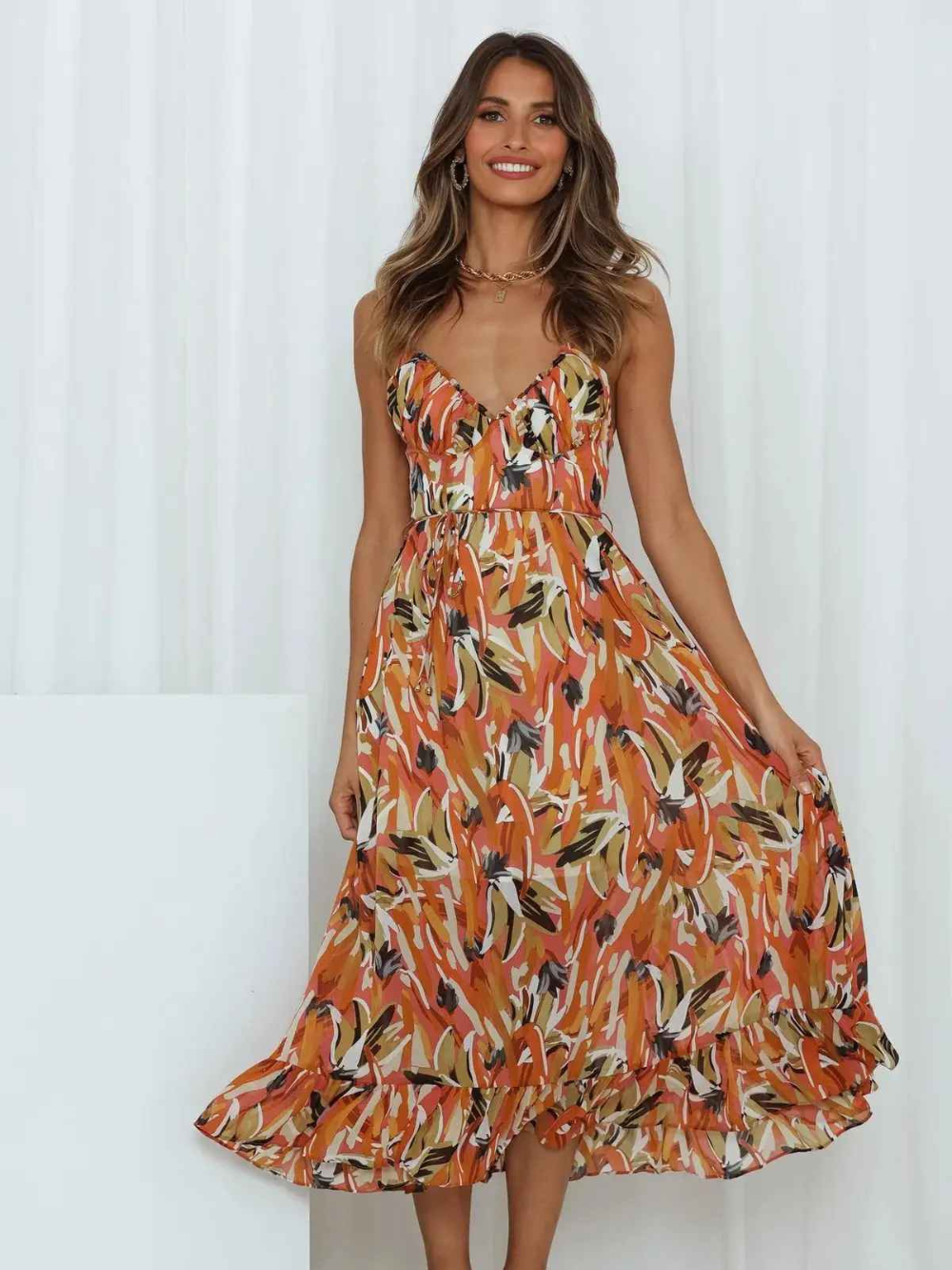 Abito lungo da donna Chloe: abito estivo leggero con stampa tropicale e spalline sottili lusinghiere