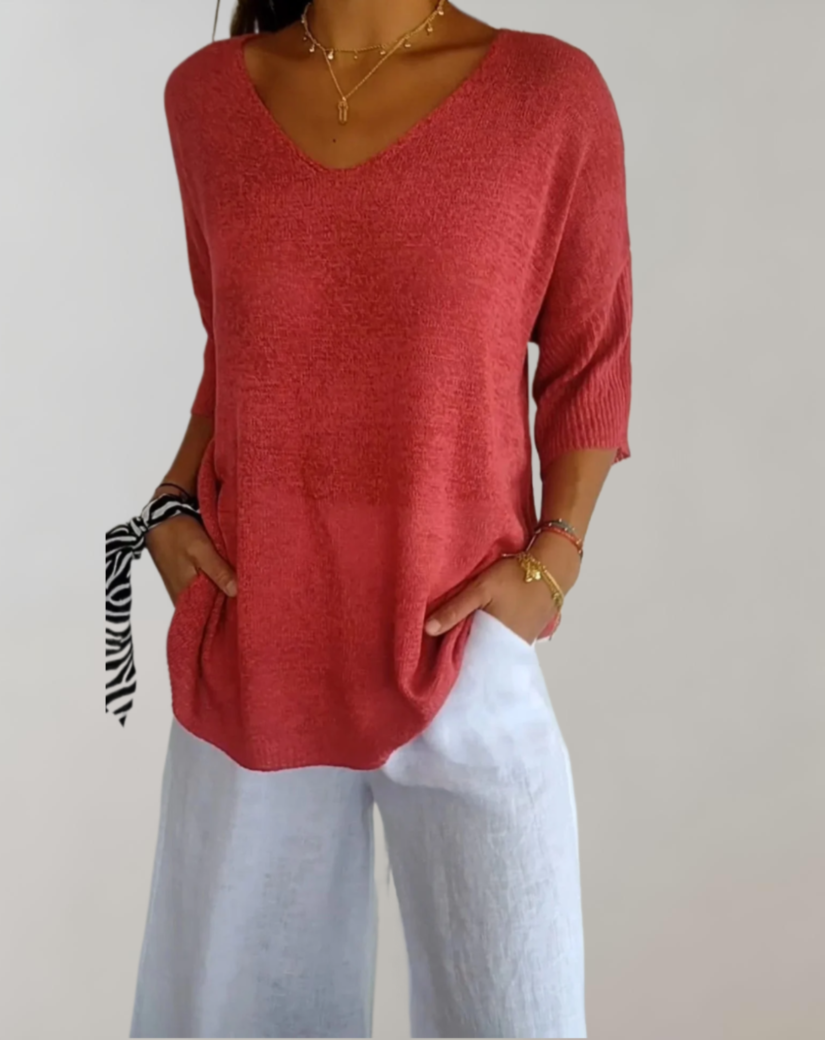 Top lavorato a maglia da donna Marise - Top lungo leggero con scollo a V e look casual elegante