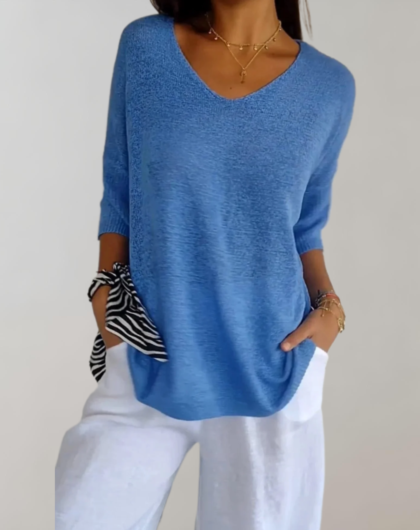 Top lavorato a maglia da donna Marise - Top lungo leggero con scollo a V e look casual elegante