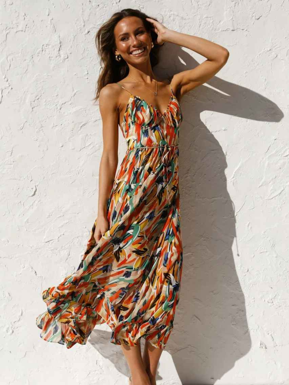 Abito lungo da donna Chloe: abito estivo leggero con stampa tropicale e spalline sottili lusinghiere