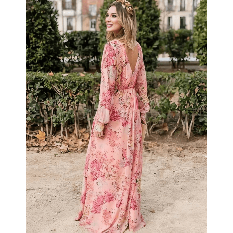 Abito lungo da donna Pia - Motivo floreale bohémien, scollo a V ed eleganti maniche lunghe