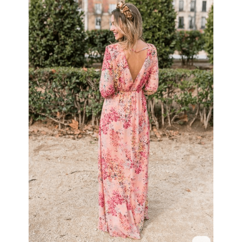 Abito lungo da donna Pia - Motivo floreale bohémien, scollo a V ed eleganti maniche lunghe