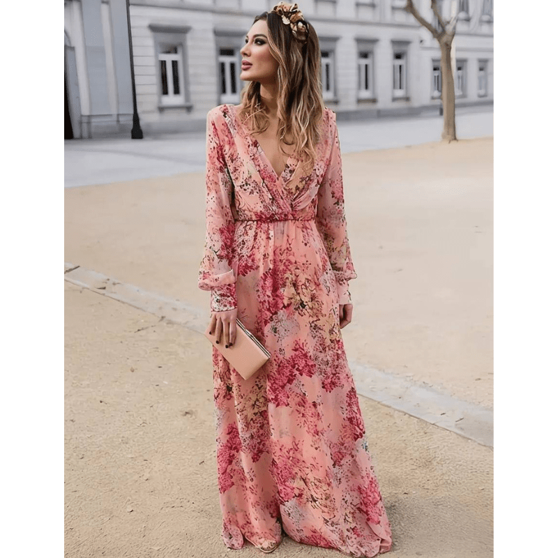 Abito lungo da donna Pia - Motivo floreale bohémien, scollo a V ed eleganti maniche lunghe