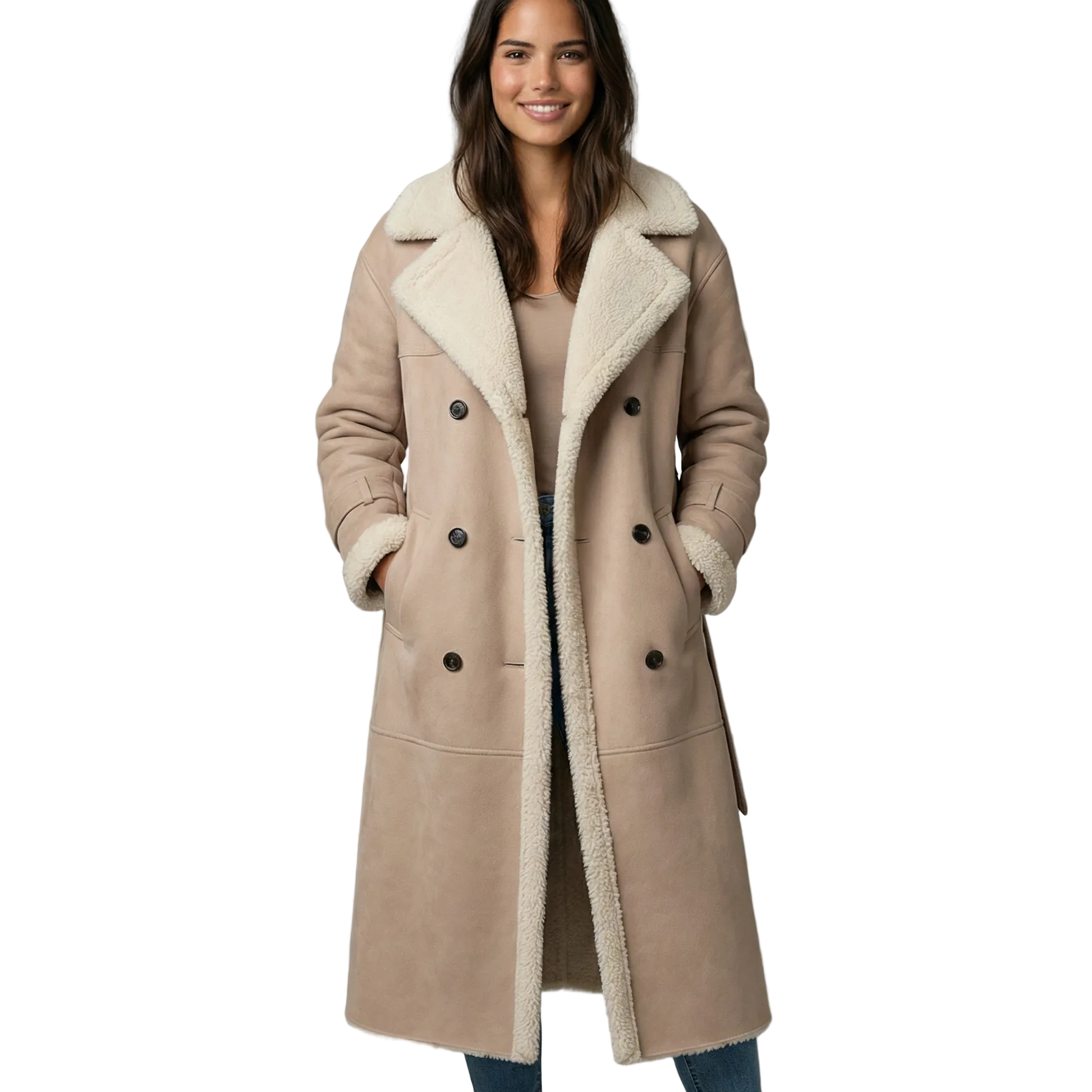Rita Trench Long Femme – Manteau Luxe Doublé Teddy avec Ceinture & Finition Élégante