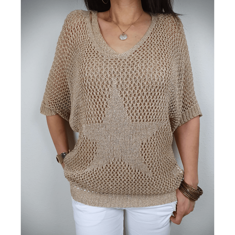 Top da donna Prisca: maglia all'uncinetto sofisticata, maniche a ¾ e leggero stile bohémien