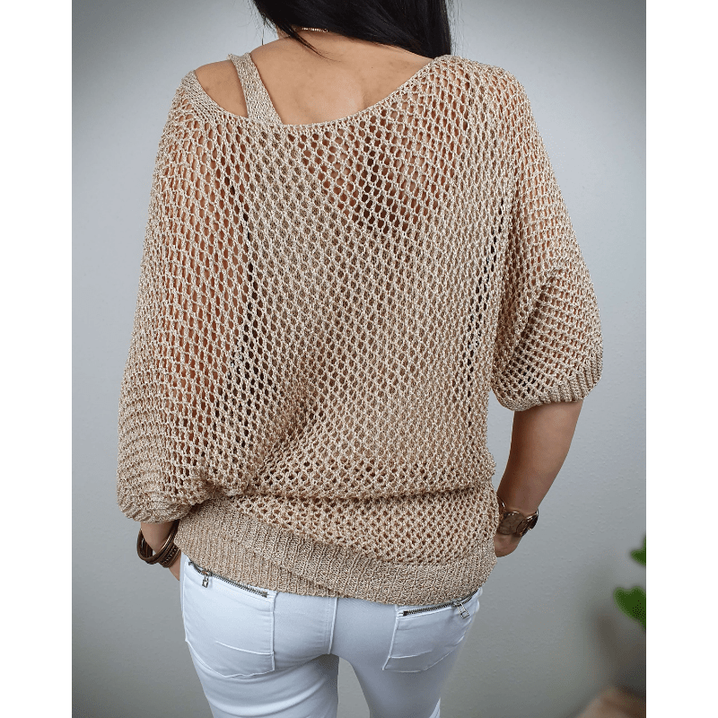 Top da donna Prisca: maglia all'uncinetto sofisticata, maniche a ¾ e leggero stile bohémien