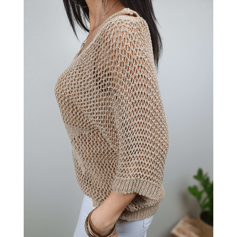 Top da donna Prisca: maglia all'uncinetto sofisticata, maniche a ¾ e leggero stile bohémien