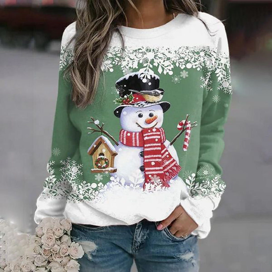 Maglione natalizio da donna Zariah: comodo e festoso con elegante motivo a pupazzo di neve 