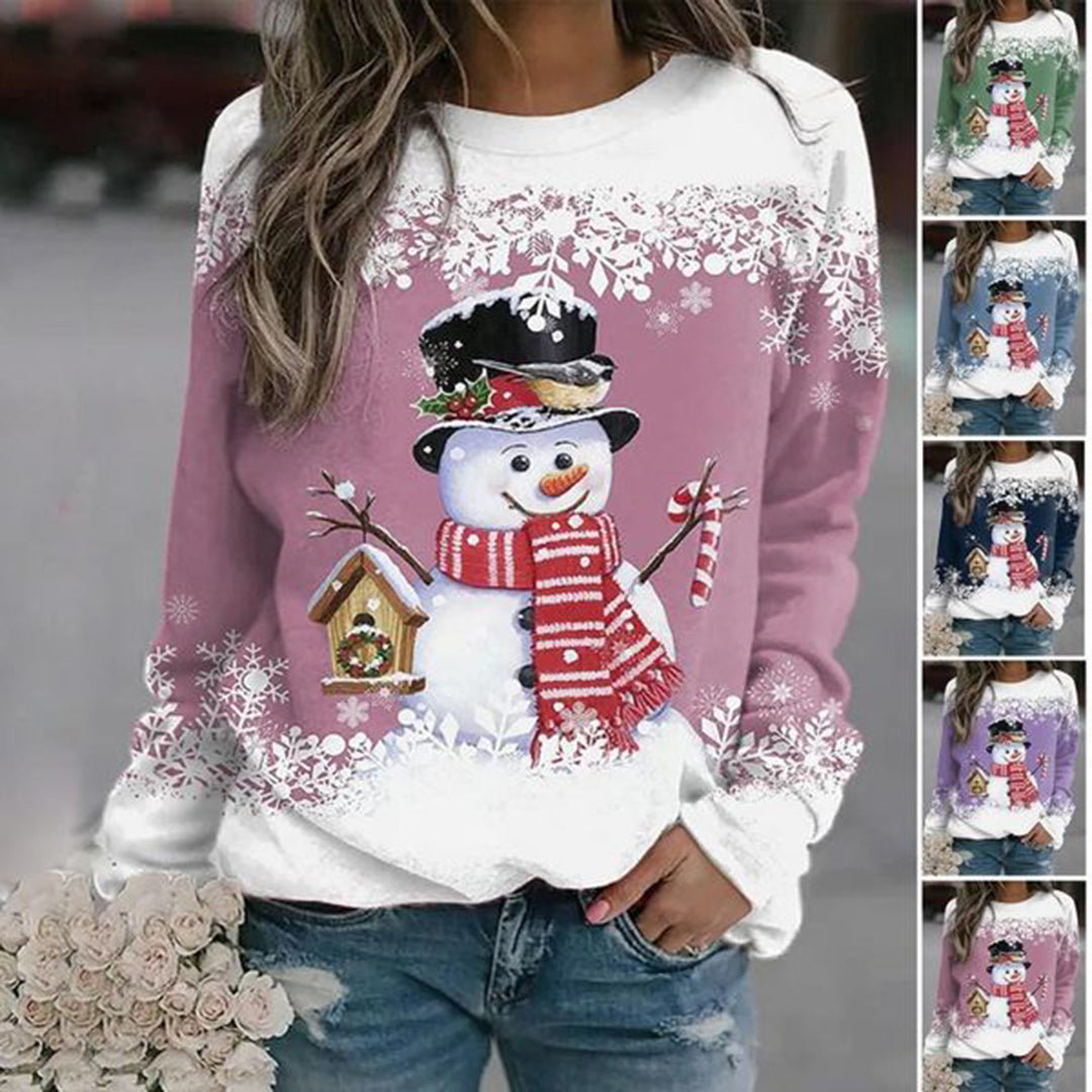 Maglione natalizio da donna Zariah: comodo e festoso con elegante motivo a pupazzo di neve 