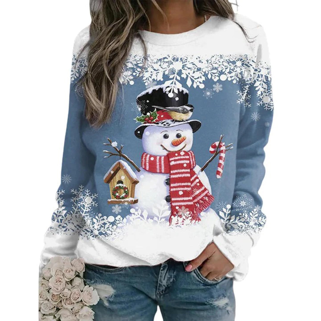 Maglione natalizio da donna Zariah: comodo e festoso con elegante motivo a pupazzo di neve 