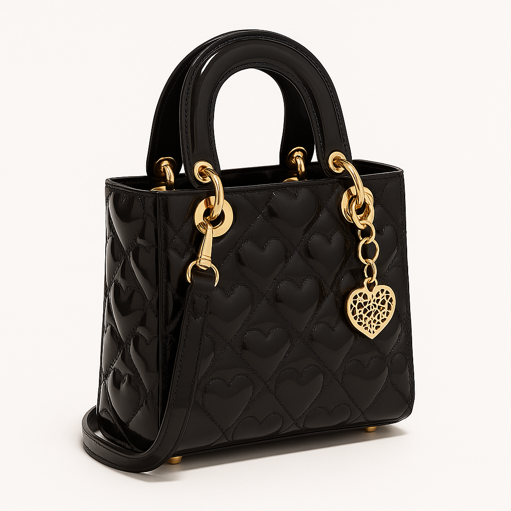 Raelynn Sac à Main Femme – Mini Cabas Matelassé en Similicuir Verni avec Motif Cœurs & Charm Doré