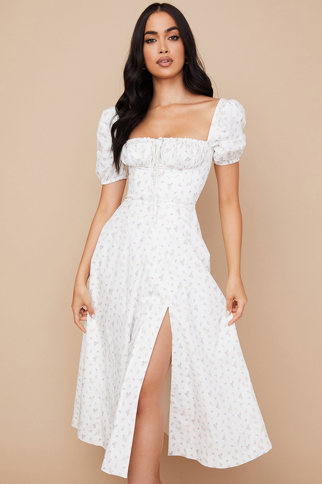 Abito midi da donna Charlotte – Abito estivo in crêpe con stampa floreale, spacchi e dettagli corsetto