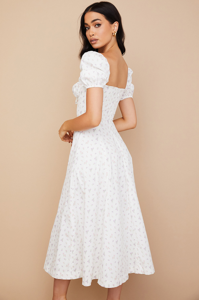 Abito midi da donna Charlotte – Abito estivo in crêpe con stampa floreale, spacchi e dettagli corsetto