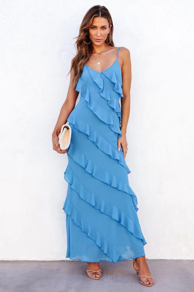 Abito lungo da donna Ashtine - Abito estivo leggero con volant, gonna a balze e look da spiaggia