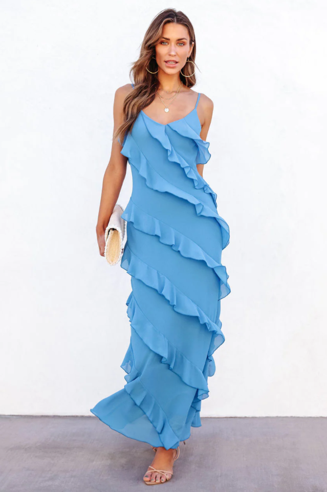 Abito lungo da donna Ashtine - Abito estivo leggero con volant, gonna a balze e look da spiaggia