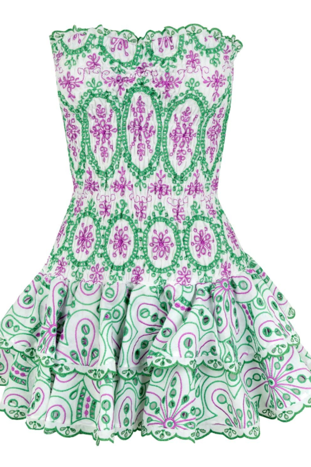 Mini abito da donna Megan - Abito bustier in cotone ricamato con top arricciato e romantiche balze