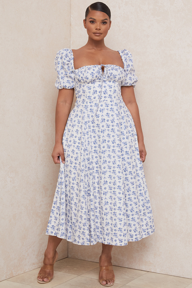 Abito midi da donna Charlotte – Abito estivo in crêpe con stampa floreale, spacchi e dettagli corsetto