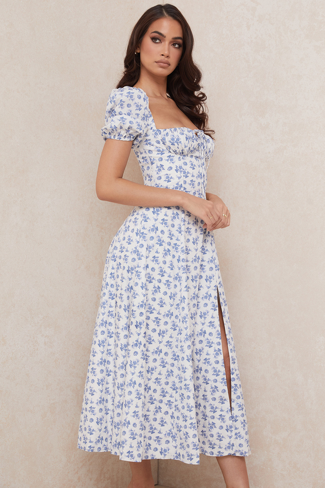 Abito midi da donna Charlotte – Abito estivo in crêpe con stampa floreale, spacchi e dettagli corsetto