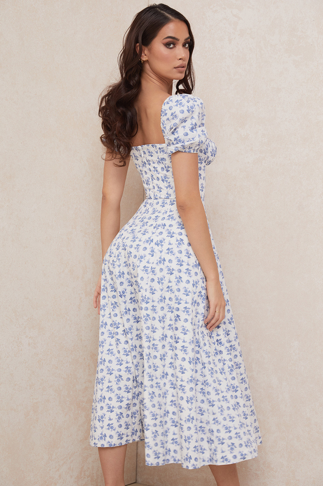 Abito midi da donna Charlotte – Abito estivo in crêpe con stampa floreale, spacchi e dettagli corsetto