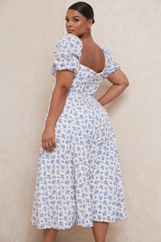 Abito midi da donna Charlotte – Abito estivo in crêpe con stampa floreale, spacchi e dettagli corsetto