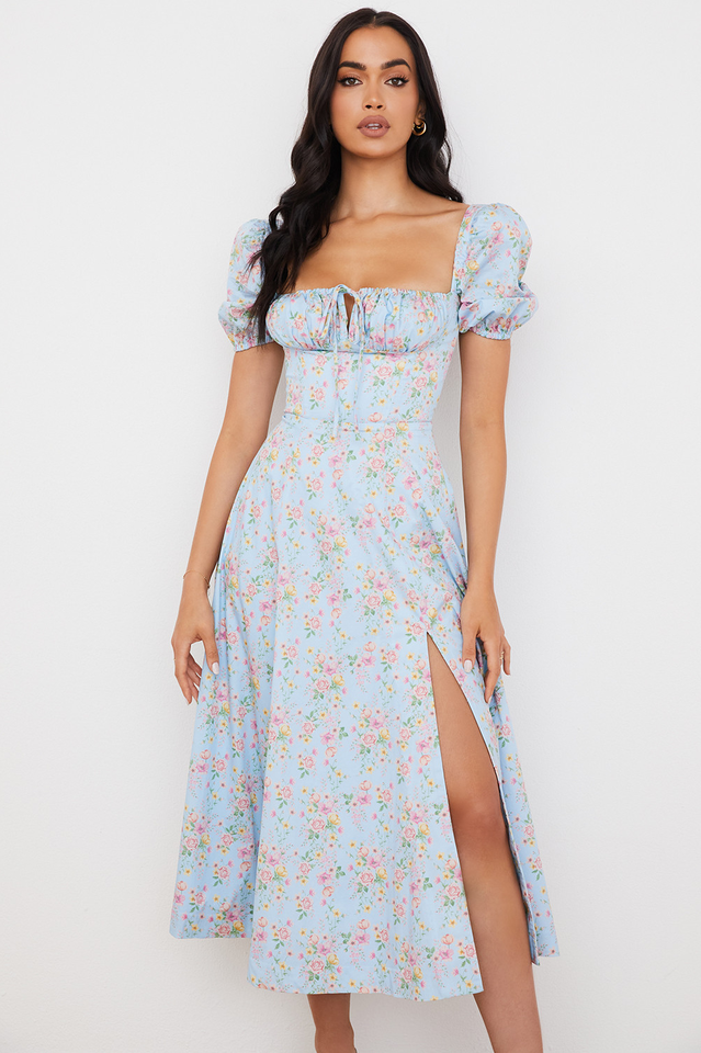 Abito midi da donna Charlotte – Abito estivo in crêpe con stampa floreale, spacchi e dettagli corsetto