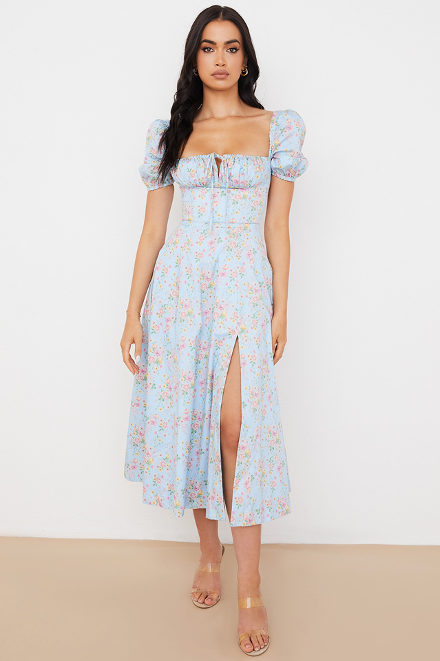 Abito midi da donna Charlotte – Abito estivo in crêpe con stampa floreale, spacchi e dettagli corsetto