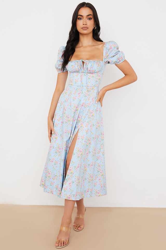 Abito midi da donna Charlotte – Abito estivo in crêpe con stampa floreale, spacchi e dettagli corsetto