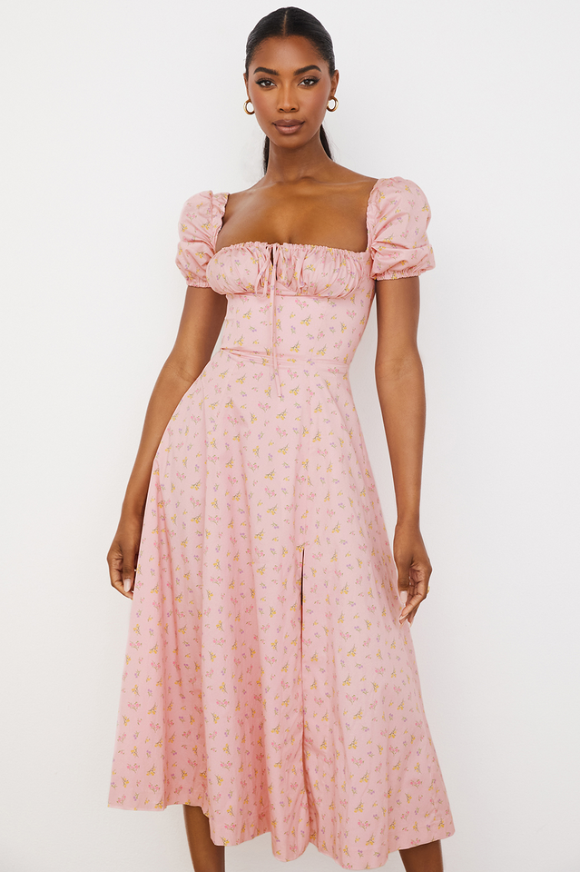 Abito midi da donna Charlotte – Abito estivo in crêpe con stampa floreale, spacchi e dettagli corsetto
