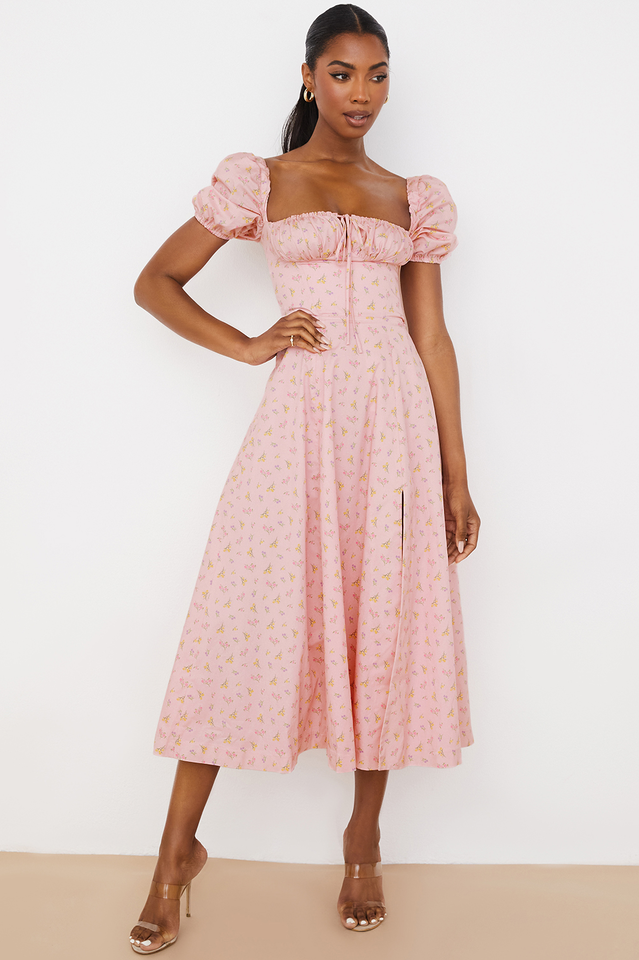 Abito midi da donna Charlotte – Abito estivo in crêpe con stampa floreale, spacchi e dettagli corsetto