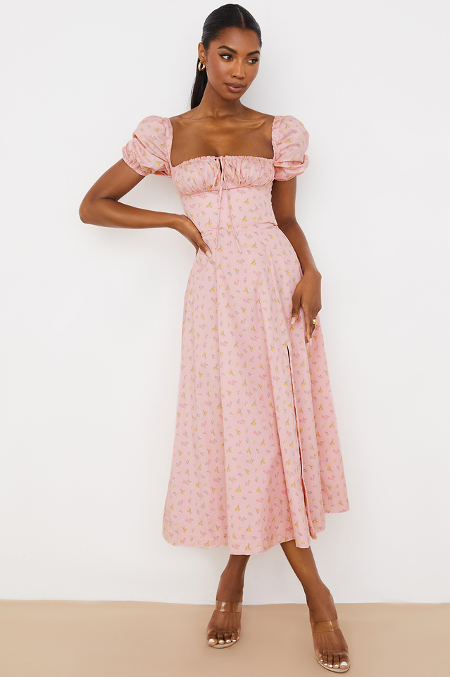 Abito midi da donna Charlotte – Abito estivo in crêpe con stampa floreale, spacchi e dettagli corsetto