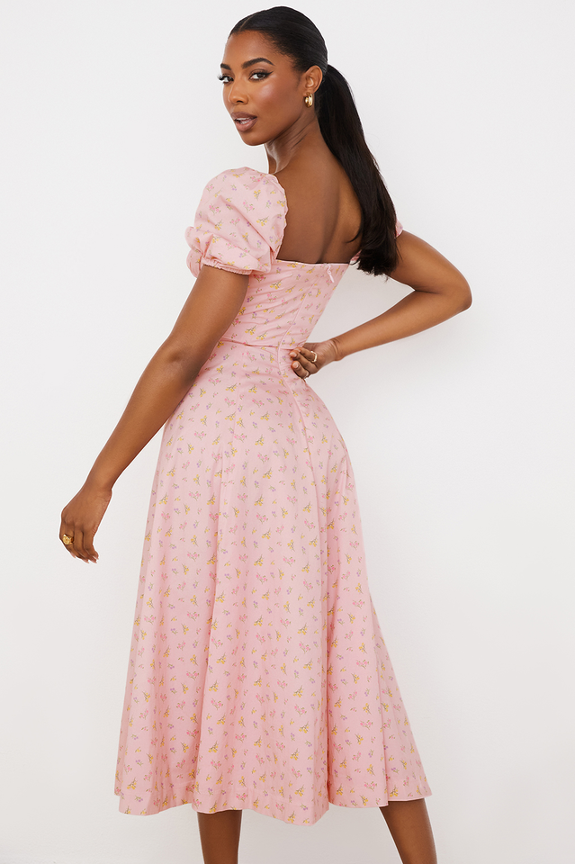 Abito midi da donna Charlotte – Abito estivo in crêpe con stampa floreale, spacchi e dettagli corsetto