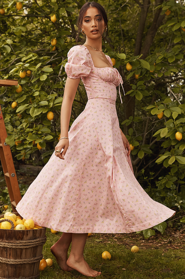 Abito midi da donna Charlotte – Abito estivo in crêpe con stampa floreale, spacchi e dettagli corsetto