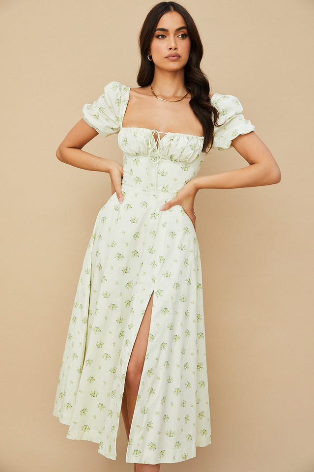 Abito midi da donna Charlotte – Abito estivo in crêpe con stampa floreale, spacchi e dettagli corsetto