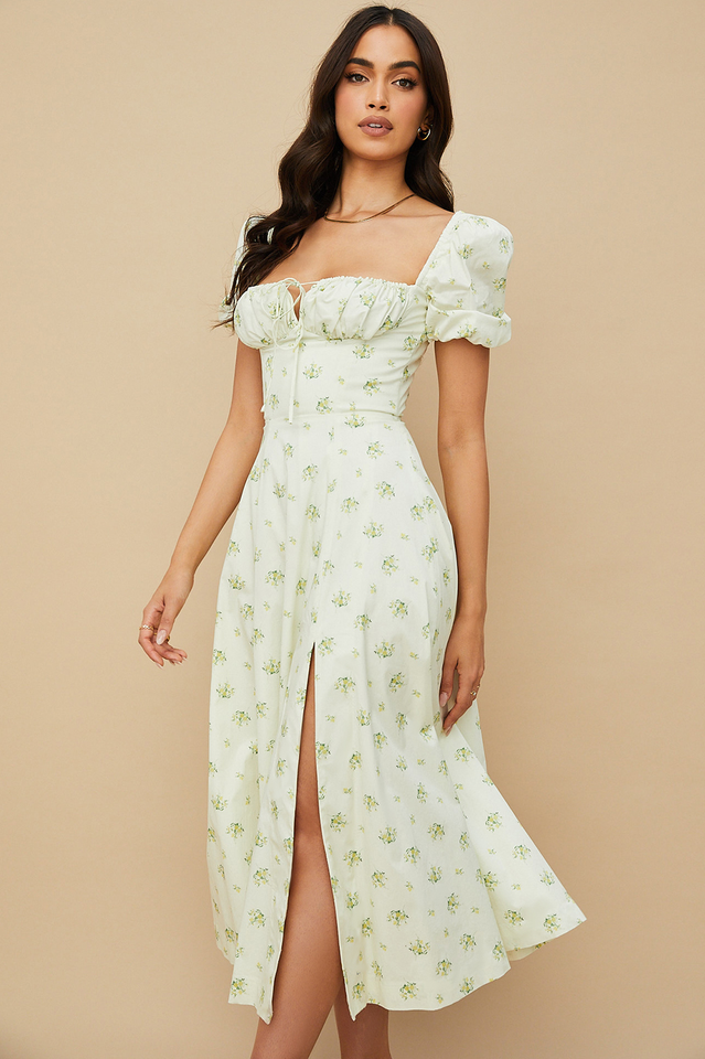 Abito midi da donna Charlotte – Abito estivo in crêpe con stampa floreale, spacchi e dettagli corsetto