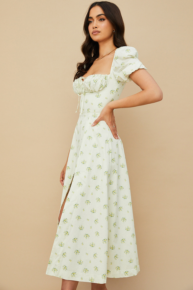 Abito midi da donna Charlotte – Abito estivo in crêpe con stampa floreale, spacchi e dettagli corsetto