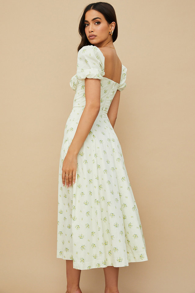 Abito midi da donna Charlotte – Abito estivo in crêpe con stampa floreale, spacchi e dettagli corsetto