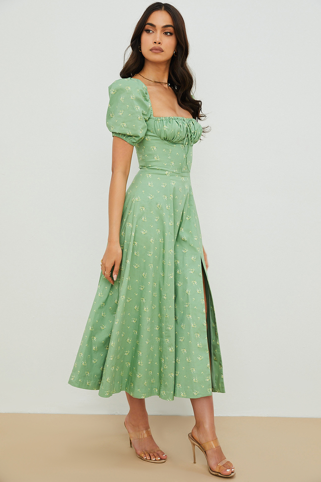 Abito midi da donna Charlotte – Abito estivo in crêpe con stampa floreale, spacchi e dettagli corsetto