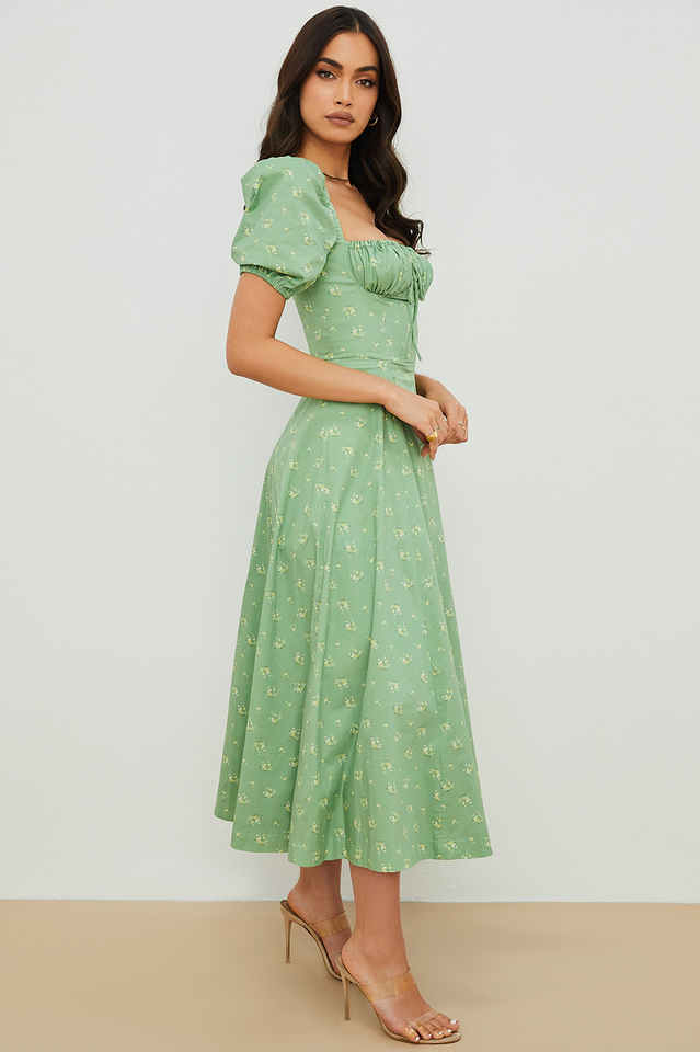 Abito midi da donna Charlotte – Abito estivo in crêpe con stampa floreale, spacchi e dettagli corsetto