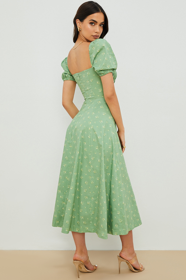 Abito midi da donna Charlotte – Abito estivo in crêpe con stampa floreale, spacchi e dettagli corsetto