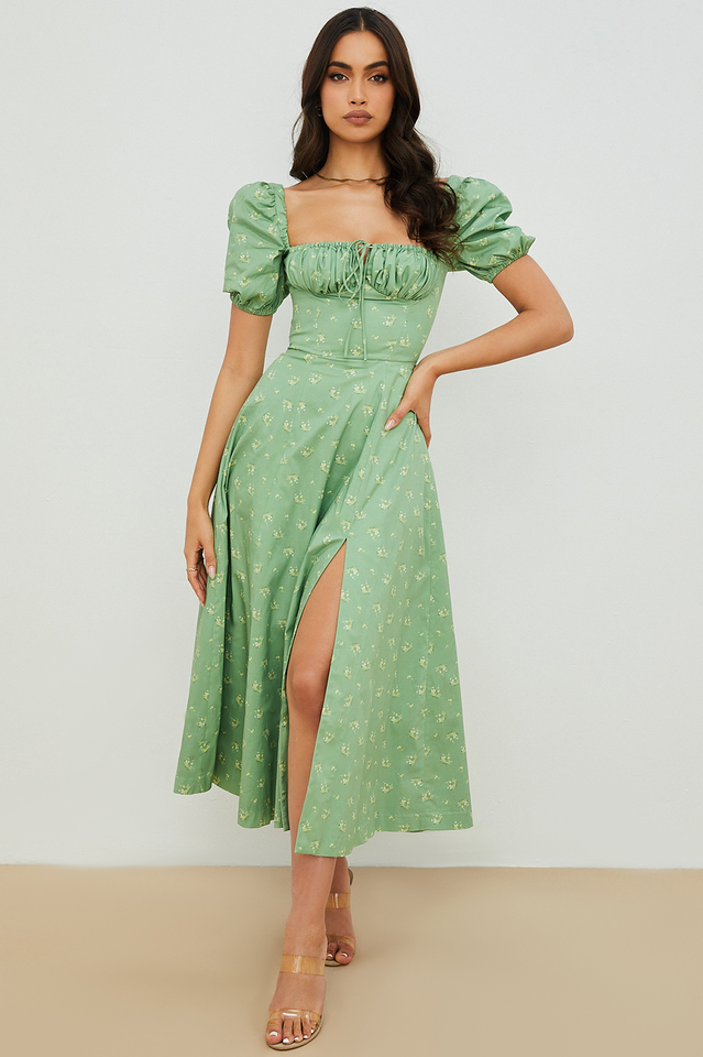 Abito midi da donna Charlotte – Abito estivo in crêpe con stampa floreale, spacchi e dettagli corsetto
