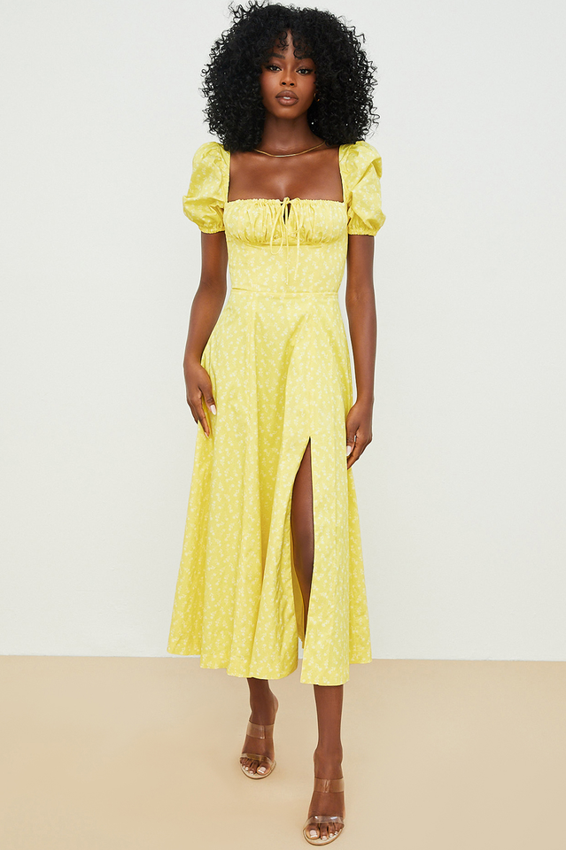 Abito midi da donna Charlotte – Abito estivo in crêpe con stampa floreale, spacchi e dettagli corsetto