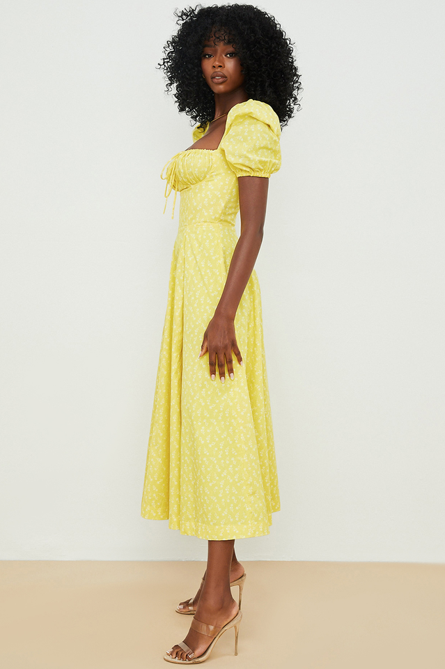 Abito midi da donna Charlotte – Abito estivo in crêpe con stampa floreale, spacchi e dettagli corsetto