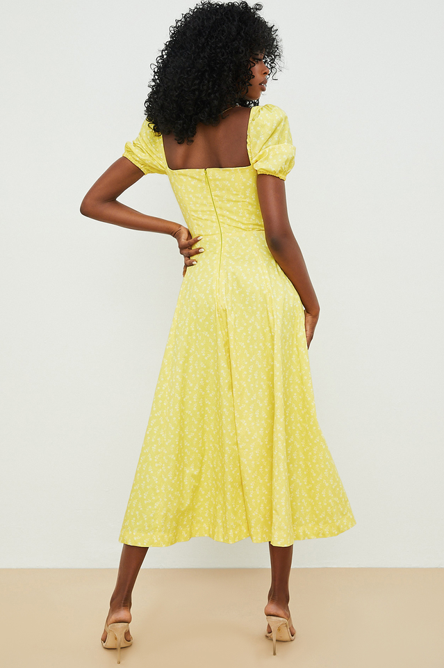 Abito midi da donna Charlotte – Abito estivo in crêpe con stampa floreale, spacchi e dettagli corsetto