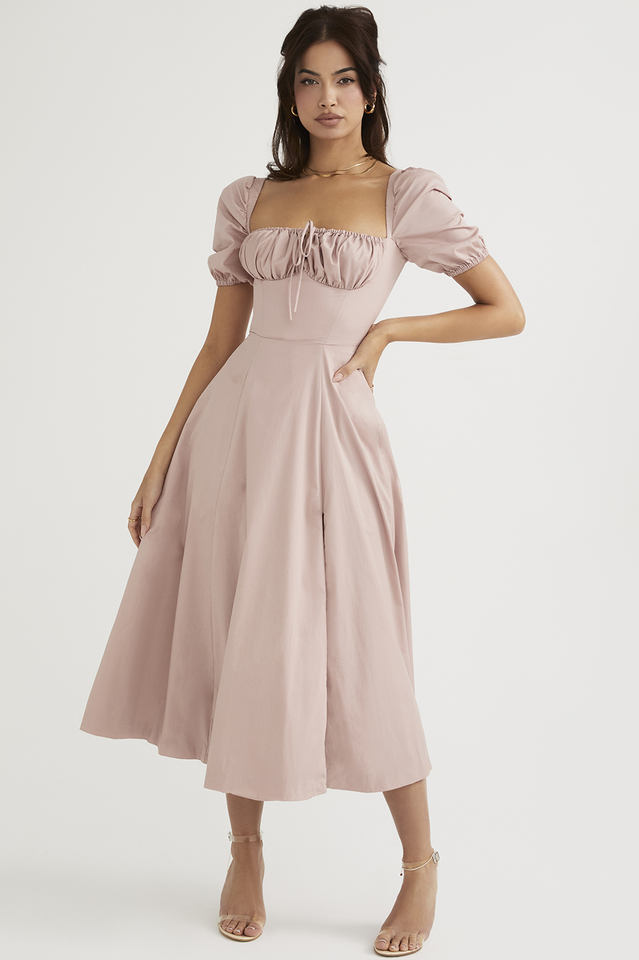 Abito midi da donna Charlotte – Abito estivo in crêpe con stampa floreale, spacchi e dettagli corsetto