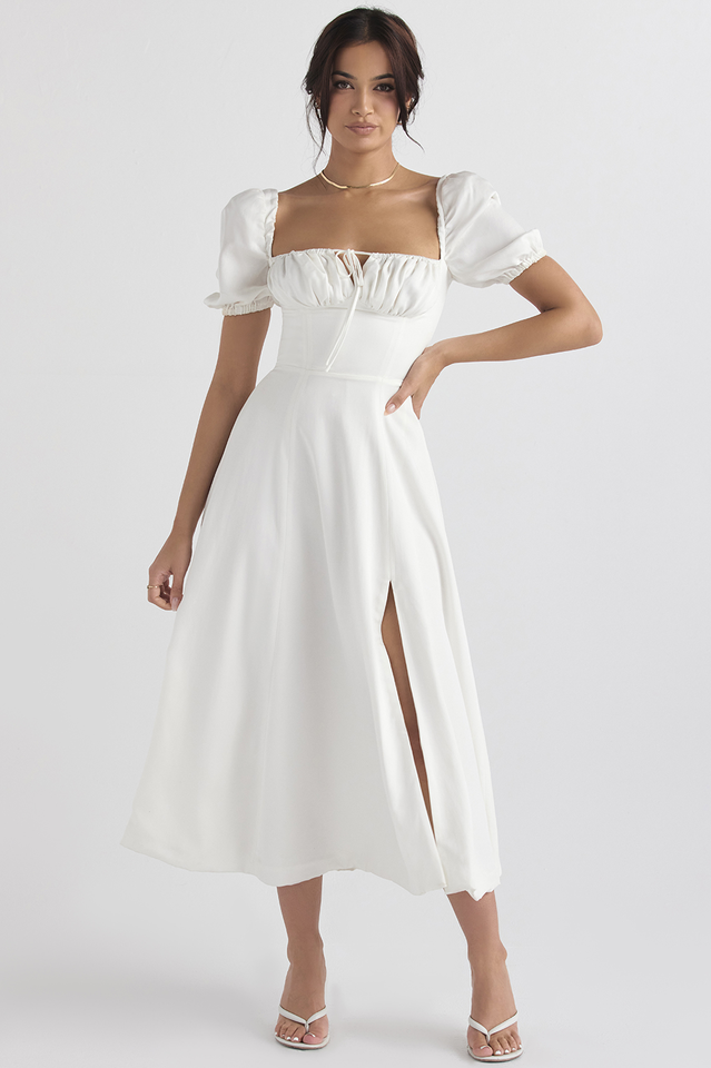 Abito midi da donna Charlotte – Abito estivo in crêpe con stampa floreale, spacchi e dettagli corsetto