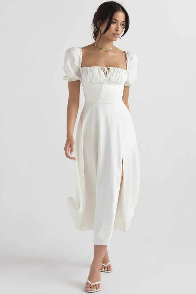 Abito midi da donna Charlotte – Abito estivo in crêpe con stampa floreale, spacchi e dettagli corsetto