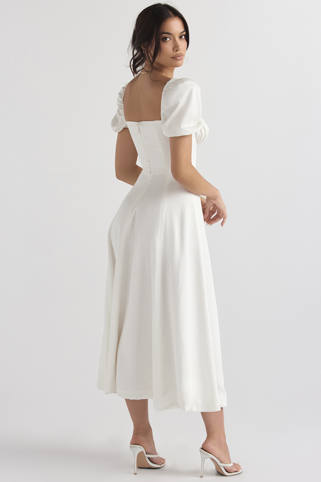 Abito midi da donna Charlotte – Abito estivo in crêpe con stampa floreale, spacchi e dettagli corsetto