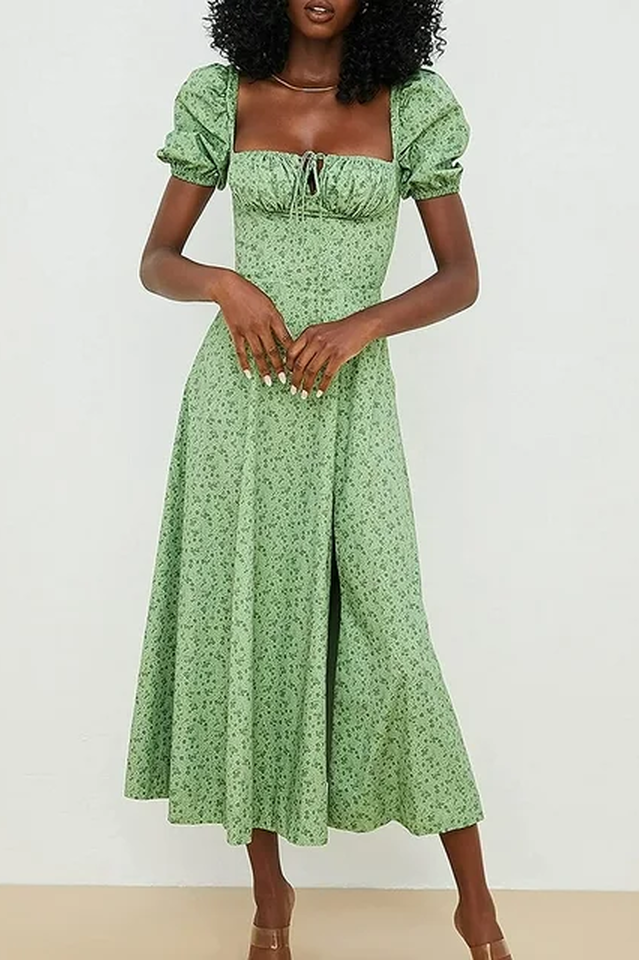 Abito midi da donna Charlotte – Abito estivo in crêpe con stampa floreale, spacchi e dettagli corsetto