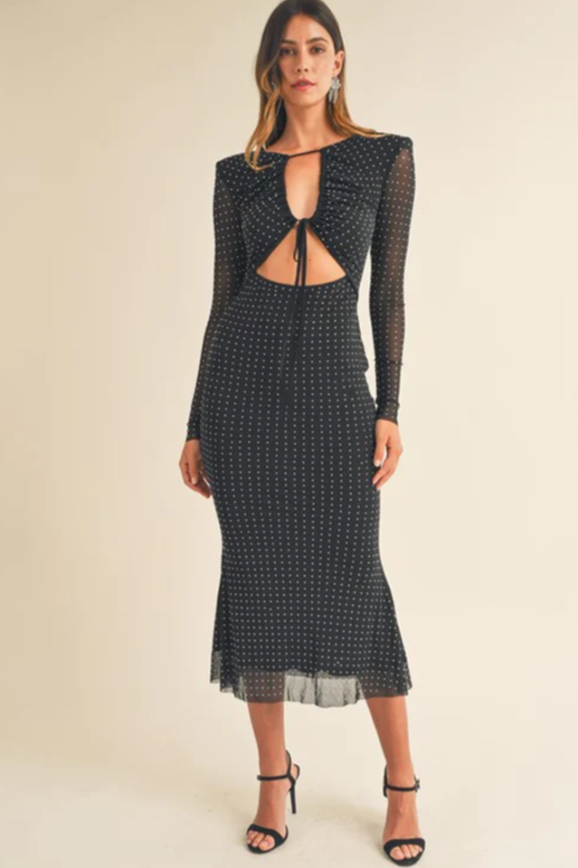 Abito midi da donna Georgia - Abito aderente nero con strass, maniche lunghe e dettagli ritagliati