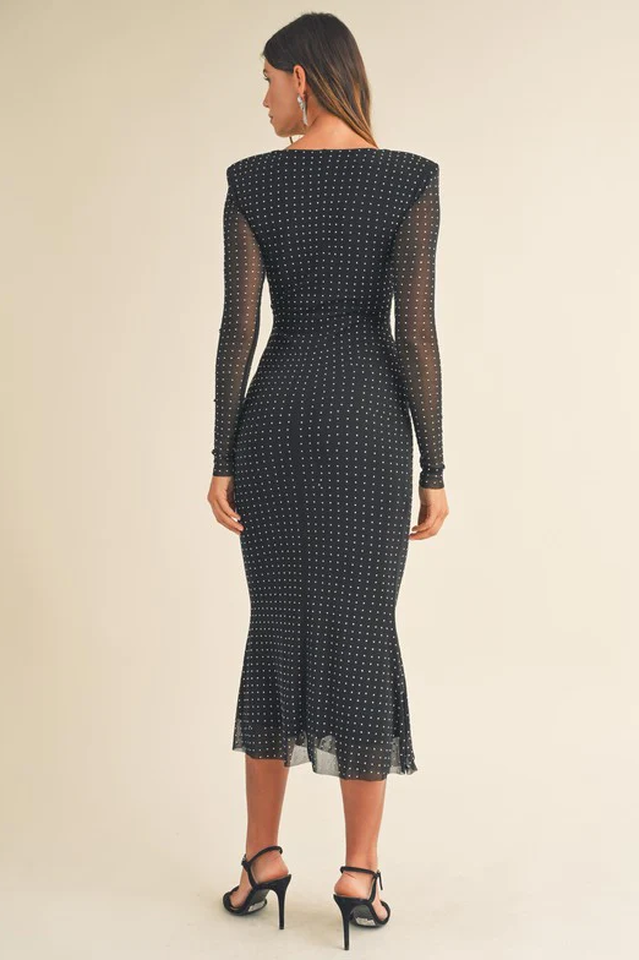 Abito midi da donna Georgia - Abito aderente nero con strass, maniche lunghe e dettagli ritagliati